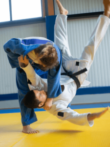 Two judoka practicing judo techniques, representing the importance of identifying the root cause of problems